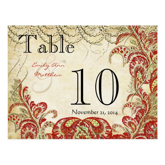 Red and Gold Gatsby Paisley Peacock Table Number Postcard