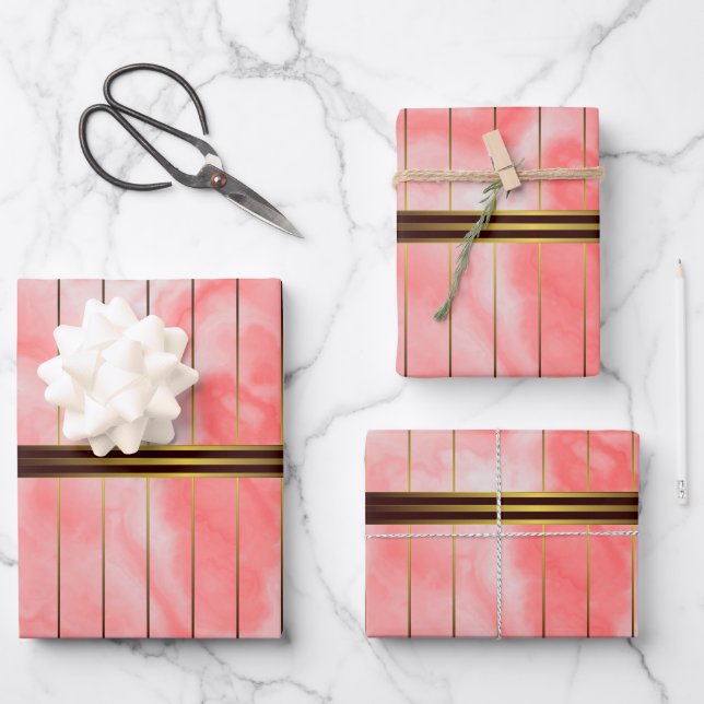 Red And Gold Geometric Stripes Pink Marble Wrapping Paper Sheet (Front)