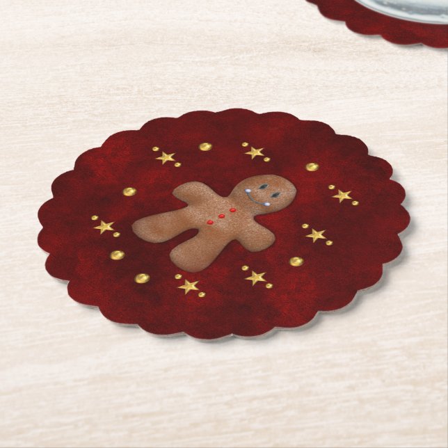 Red and Gold Gingerbread Man Cute Christmas Paper Coaster (Angled)
