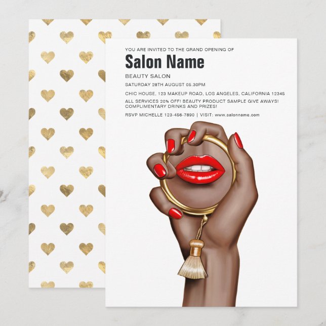 Red and Gold Glam Chic Beauty Salon Opening Invitation (Front/Back)