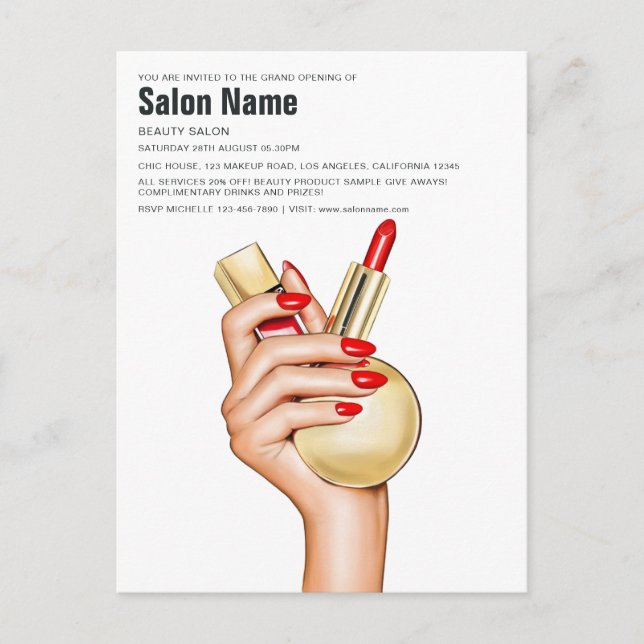 Red and Gold Glam Chic Beauty Salon Opening Invitation Postcard (Front)