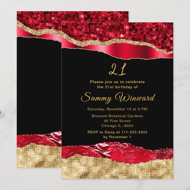 Red and Gold Glam Tears Birthday Party Invitation (Front/Back)