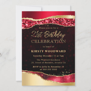 Red and Gold Glam Tears Birthday Party Invitation