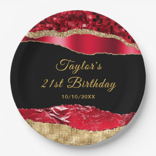 Red and Gold Glam Tears Birthday Party Paper Plate
