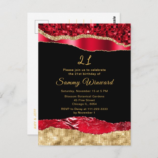 Red and Gold Glam Tears Birthday Party Postcard (Front/Back)