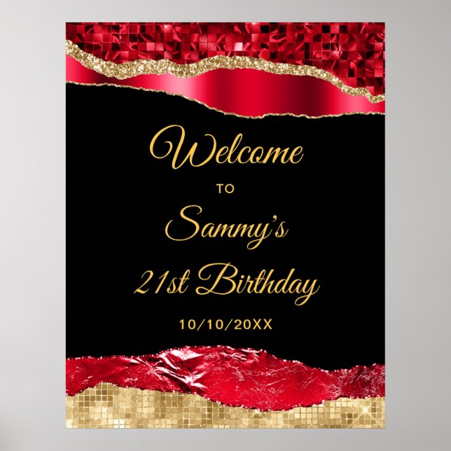 Red and Gold Glam Tears Birthday Welcome Poster (Front)