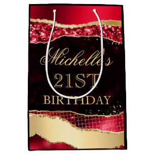 Red and Gold Glam Tears Bokeh Birthday Party Medium Gift Bag