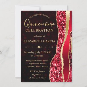 Red and Gold Glam Tears Bokeh Quinceanera Invitation