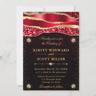 Red and Gold Glam Tears Bokeh Wedding Invitation