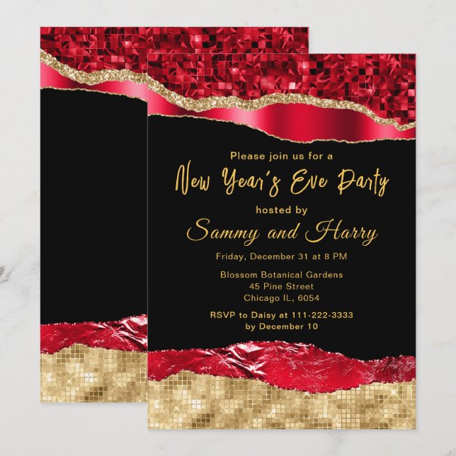 Red and Gold Glam Tears New Year's Eve Party Invitation (Front/Back)