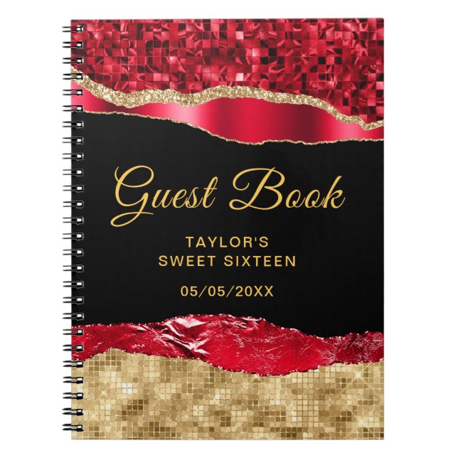 Red and Gold Glam Tears Sweet Sixteen Guest Book (Front)