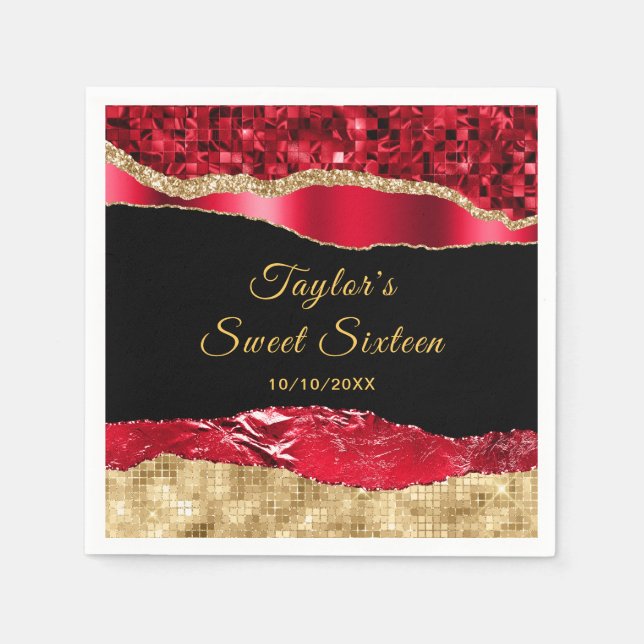 Red and Gold Glam Tears Sweet Sixteen Napkin (Front)