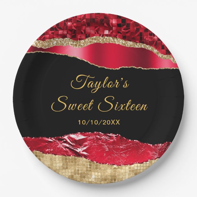 Red and Gold Glam Tears Sweet Sixteen Paper Plate (Front)