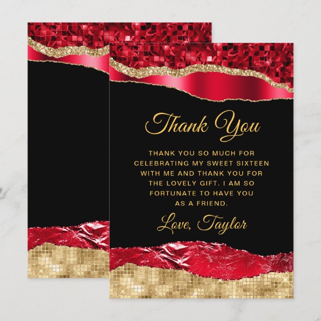 Red and Gold Glam Tears Sweet Sixteen Thank You Card (Front/Back)