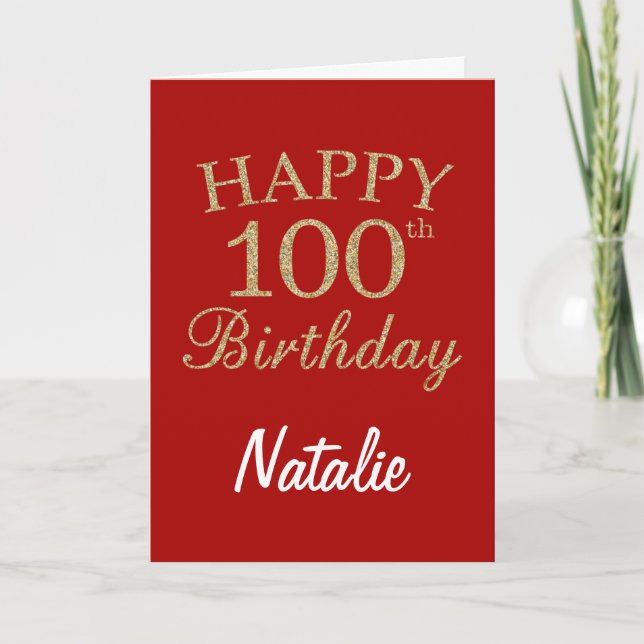 Red and Gold Glitter 100th Birthday Card (Front)