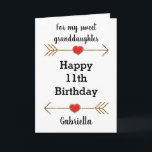 Red and Gold Glitter 11th Birthday Granddaughter Card<br><div class="desc">A personalised Happy 11th birthday card for granddaughter, which you can easily personalise with her name. Features glittery arrows with hearts. Please note there is not actual glitter on the birthday card, but a design effect. Inside this 11th birthday granddaughter card reads a birthday message, which you can also personalise...</div>