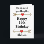 Red and Gold Glitter 14th Birthday Granddaughter Card<br><div class="desc">A personalised granddaughter Happy 14th birthday card,  which you can easily personalise the front of the card with her name. Features glittery arrows with hearts. Inside this 14th birthday granddaughter reads a heartfelt message,  which can be easily personalised. This would make a personalised birthday keepsake for her.</div>