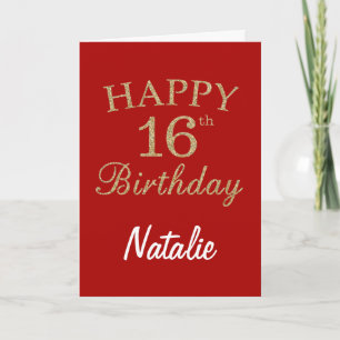 Red and Gold Glitter 16th Birthday Card