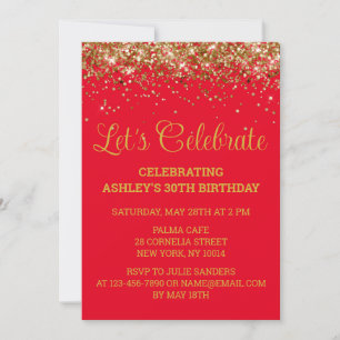 Red and Gold Glitter 30th Birthday Let's Celebrate Invitation
