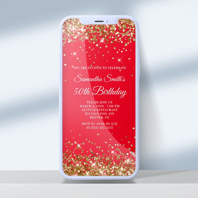 Red and Gold Glitter 50th Birthday Invitation (Creator Uploaded)