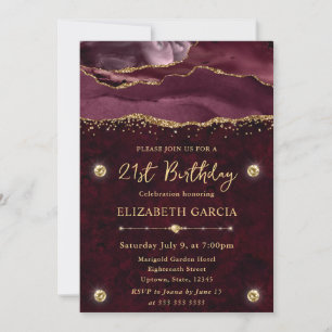 Red and Gold Glitter Agate 21st Birthday Invitation