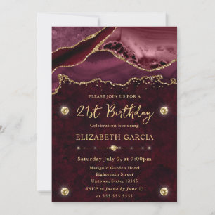 Red and Gold Glitter Agate 21st Birthday Invitation