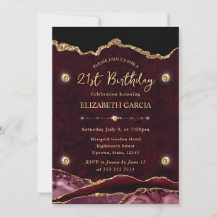 Red and Gold Glitter Agate 21st Birthday Invitation