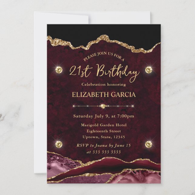 Red and Gold Glitter Agate 21st Birthday Invitation (Front)
