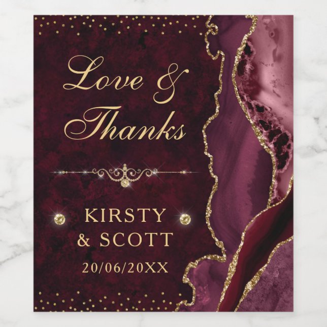 Red and Gold Glitter Agate and marble Wedding Wine Label (Single Label)