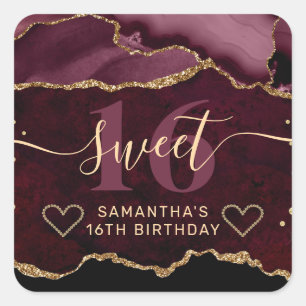 Red and Gold Glitter Agate Marble Sweet 16  Square Sticker