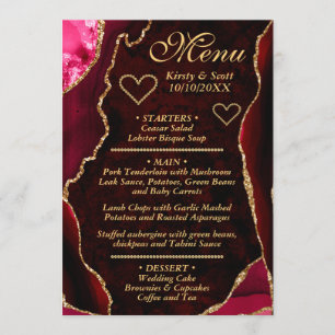 Red and Gold Glitter Agate Marble Wedding Menu