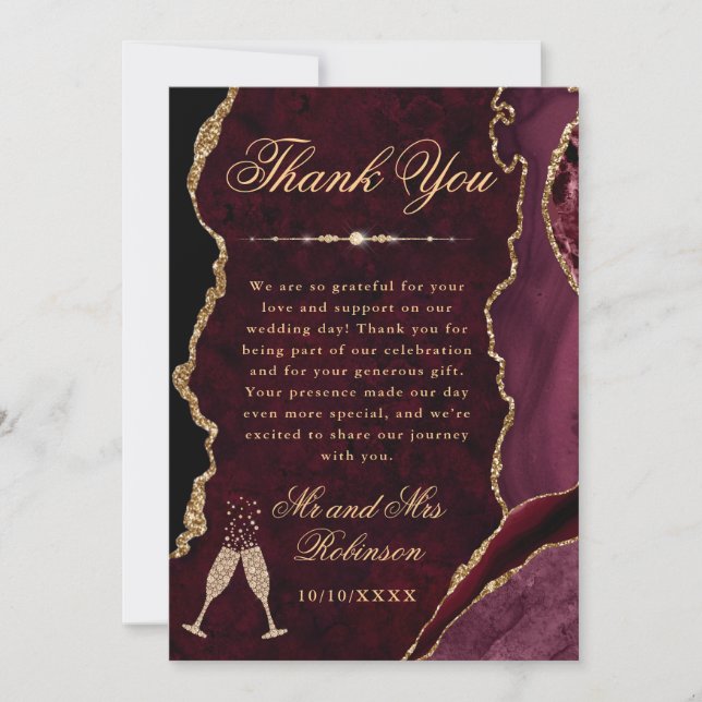 Red and Gold Glitter Agate & Marble Wedding Thank You Card (Front)