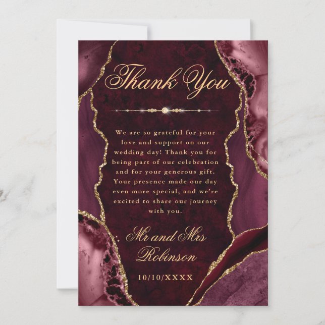 Red and Gold Glitter Agate & Marble Wedding Thank You Card (Front)