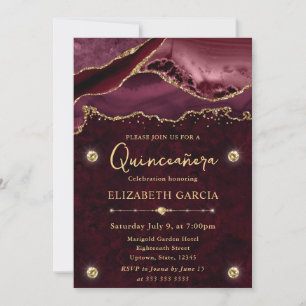 Red and Gold Glitter Agate Quinceanera Invitation