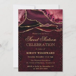 Red and Gold Glitter Agate Sweet 16 Invitation