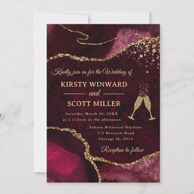 Red and Gold Glitter Agate Wedding Invitation (Front)