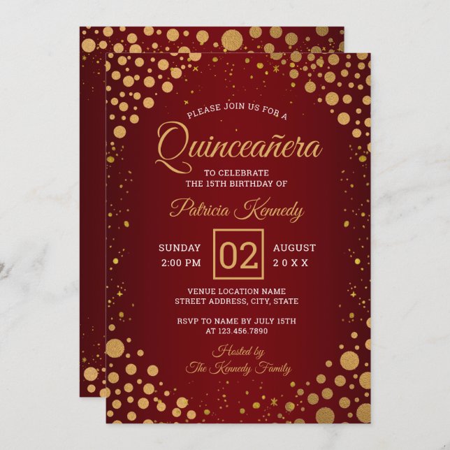 Red And Gold Glitter Confetti Quinceanera Invitation (Front/Back)