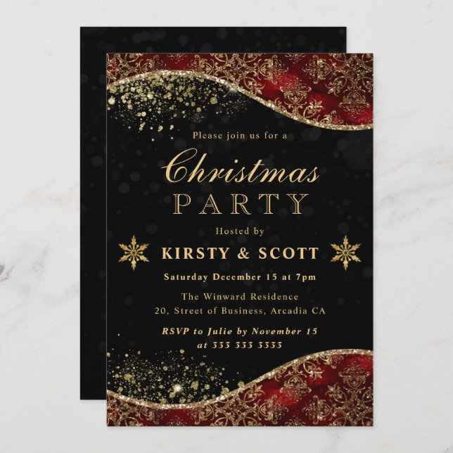 Red and Gold Glitter Damask Christmas Party Invitation (Front/Back)