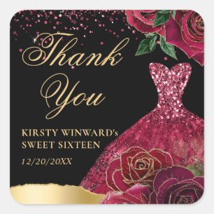 Red and Gold Glitter Dress Glam Roses Sweet 16 Square Sticker