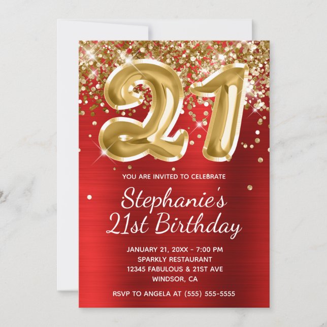 Red and Gold Glitter Foil Balloon 21st Birthday Invitation (Front)
