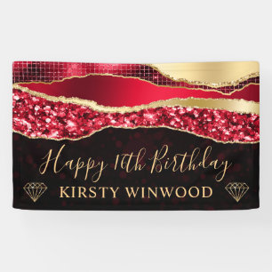 Red and Gold Glitter Glam Edge Sweet Sixteen Banner