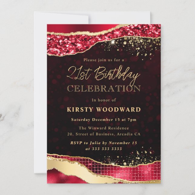 Red and Gold Glitter Glam Tears 21st Birthday Invitation (Front)
