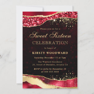 Red and Gold Glitter Glam Tears Sweet Sixteen Invitation