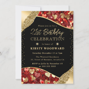 Red and Gold Glitter Hearts 21st Birthday Invitation