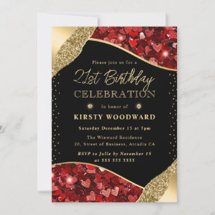 Red and Gold Glitter Hearts 21st Birthday Invitation