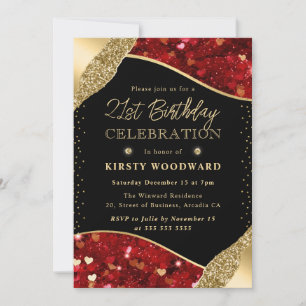 Red and Gold Glitter Hearts 21st Birthday Invitation