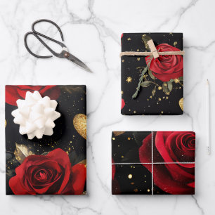 Red and Gold Glitter Hearts and Roses Valentine's Wrapping Paper Sheet