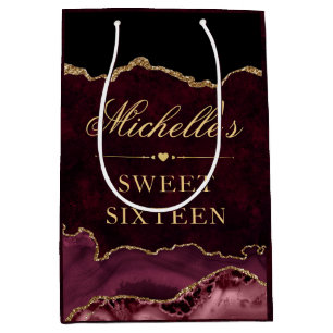Red and Gold Glitter Marble Agate Sweet 16 Medium Gift Bag