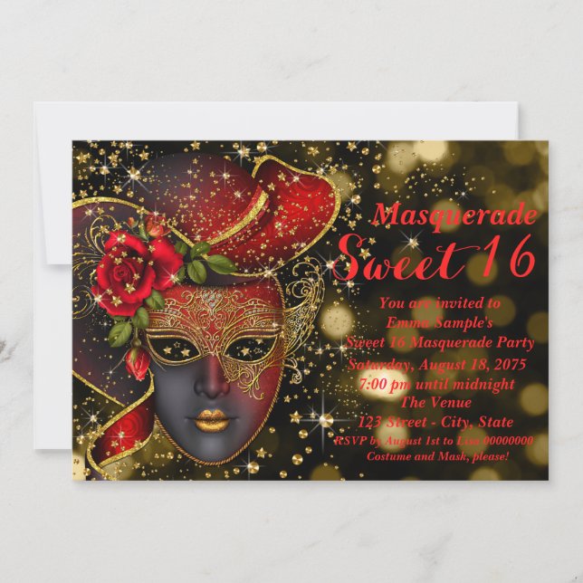 Red and Gold Glitter Masquerade Party Invitation (Front)