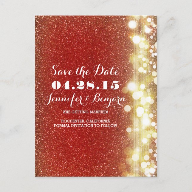 red and gold glitter string lights save the date announcement postcard (Front)